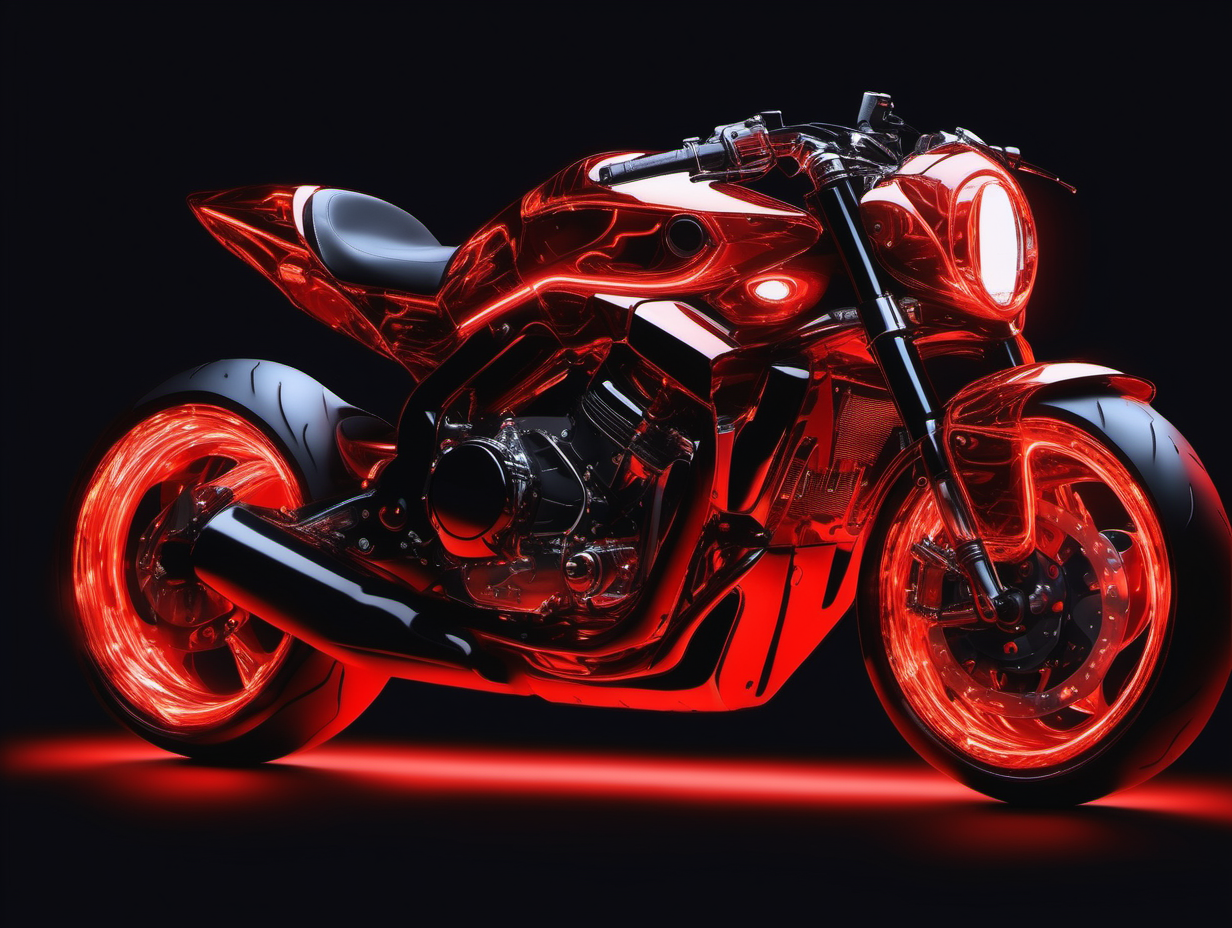 Create image looks like artistic reddish  glowing brilliant  reflex whole attention on motorcycle with black background 