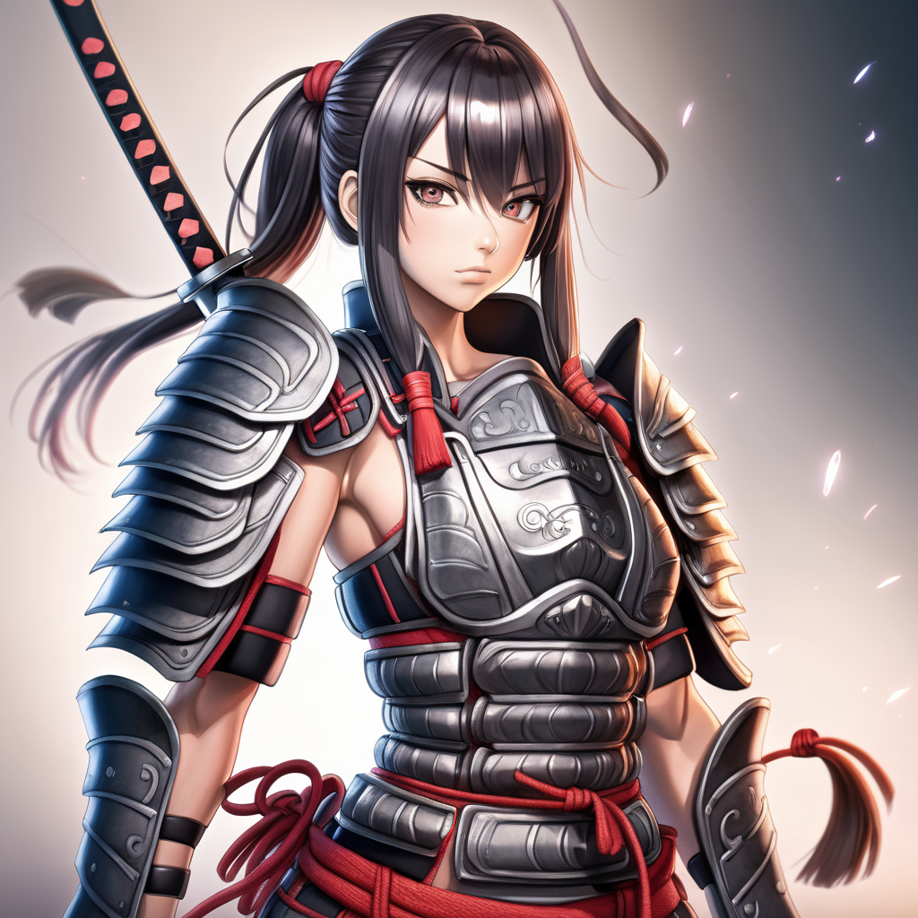 beautiful anime woman with muscles wearing samurai armor