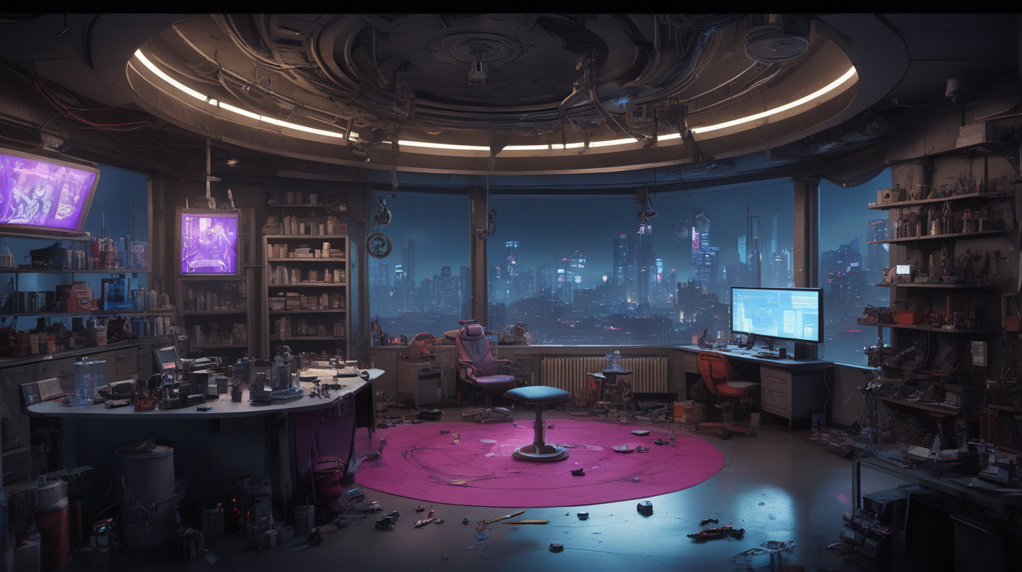 interior location of Arcane movie like VI and Jinx practice scene. Included Items, weapons and toys for jinx. There is a balcony overlooking the night city. There is a laboratory in the middle of the place. The ceiling of the place is high and spacious. There are also heavy weapons and missiles next to the place. The place is considered old and messy, but it is arranged in the Jinx way. The place took a circular shape.