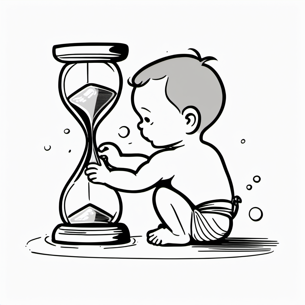 Cartoon drawing of a baby playing with an hourglass. Viewed from the back.