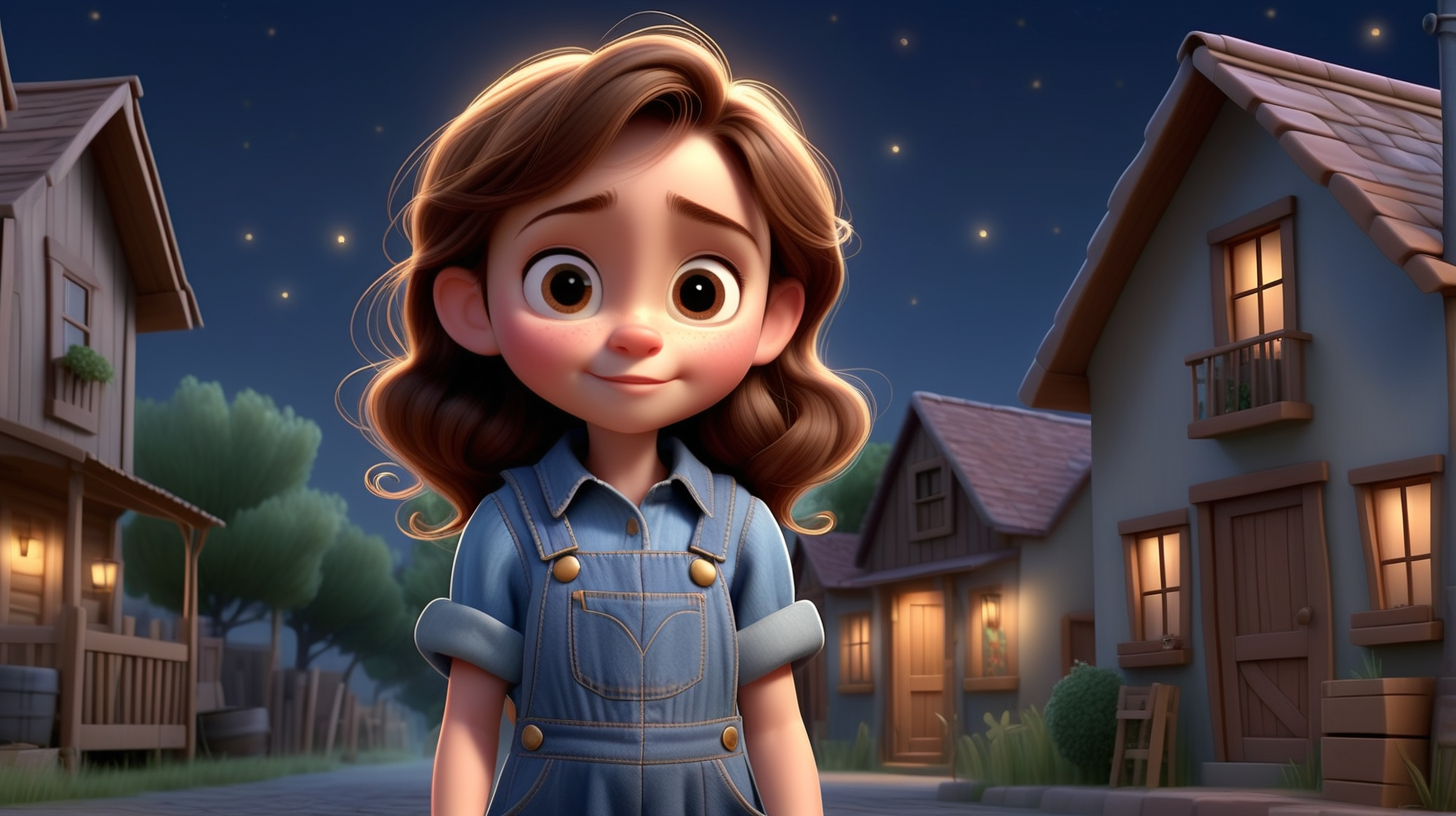 imagine 4 year old small girl with brown hair, fair skin, light brown eyes, wearing a denim dress overall, and a blue shirt, use Pixar style animation, make it full body size, in a village at night