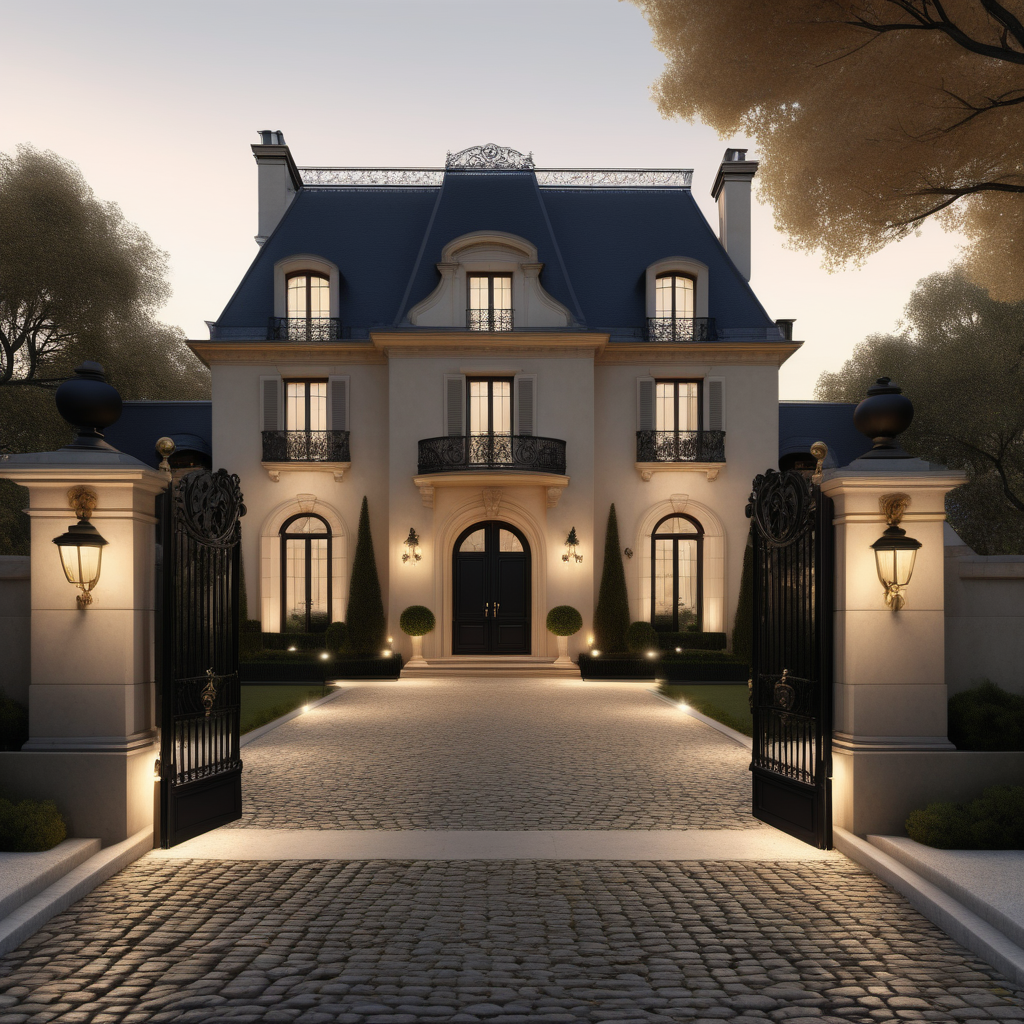 a hyperrealistic of an elegant Modern Parisian estate