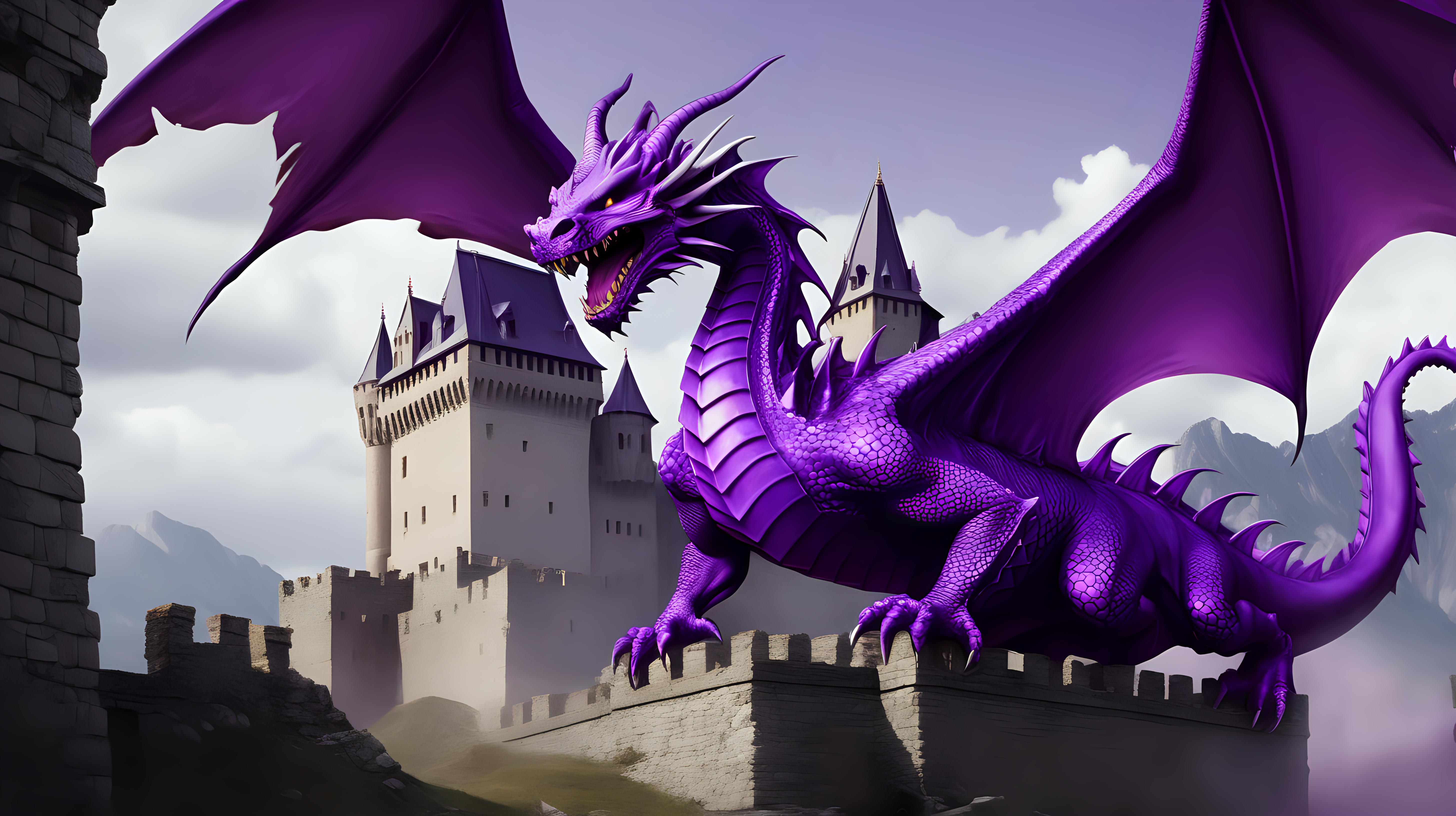 purple dragon destroying an old castle