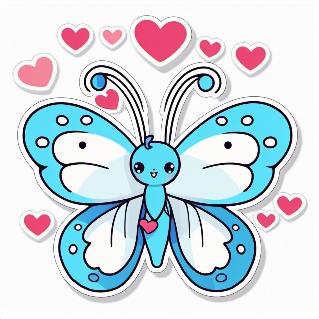  Sticker, Cute valentine blue Butterfly with Heart-shaped Wings, kawaii, contour, vector, white 
background
