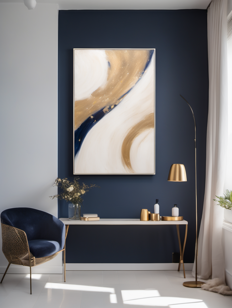 Commercial Photography, A bright and minimalist home interior bathed in natural light, where the painting "Starlight" (50cm in width and 70cm in length) hangs with proportional grace. The artwork's navy, cream, and gold hues resonate with a modern and minimalistic ambiance, creating a radiant space that's both contemporary and inviting.