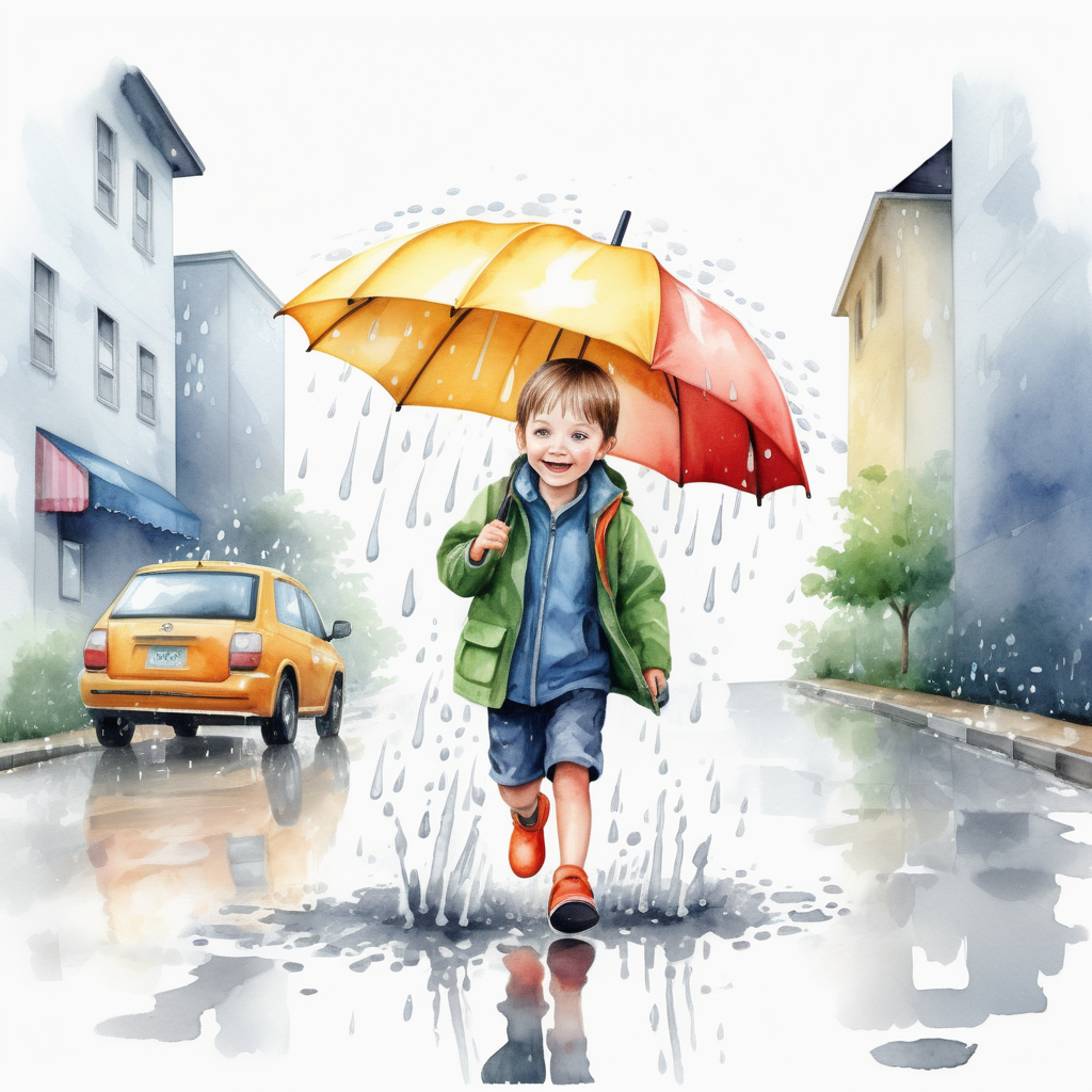 bílé pozadí_vytvoř realistickou ilustraci_která je určena pro děti Deštníky a kaluže: Častější deště znamenají skákání do kaluží a používání deštníků_ akvarelové barvy
