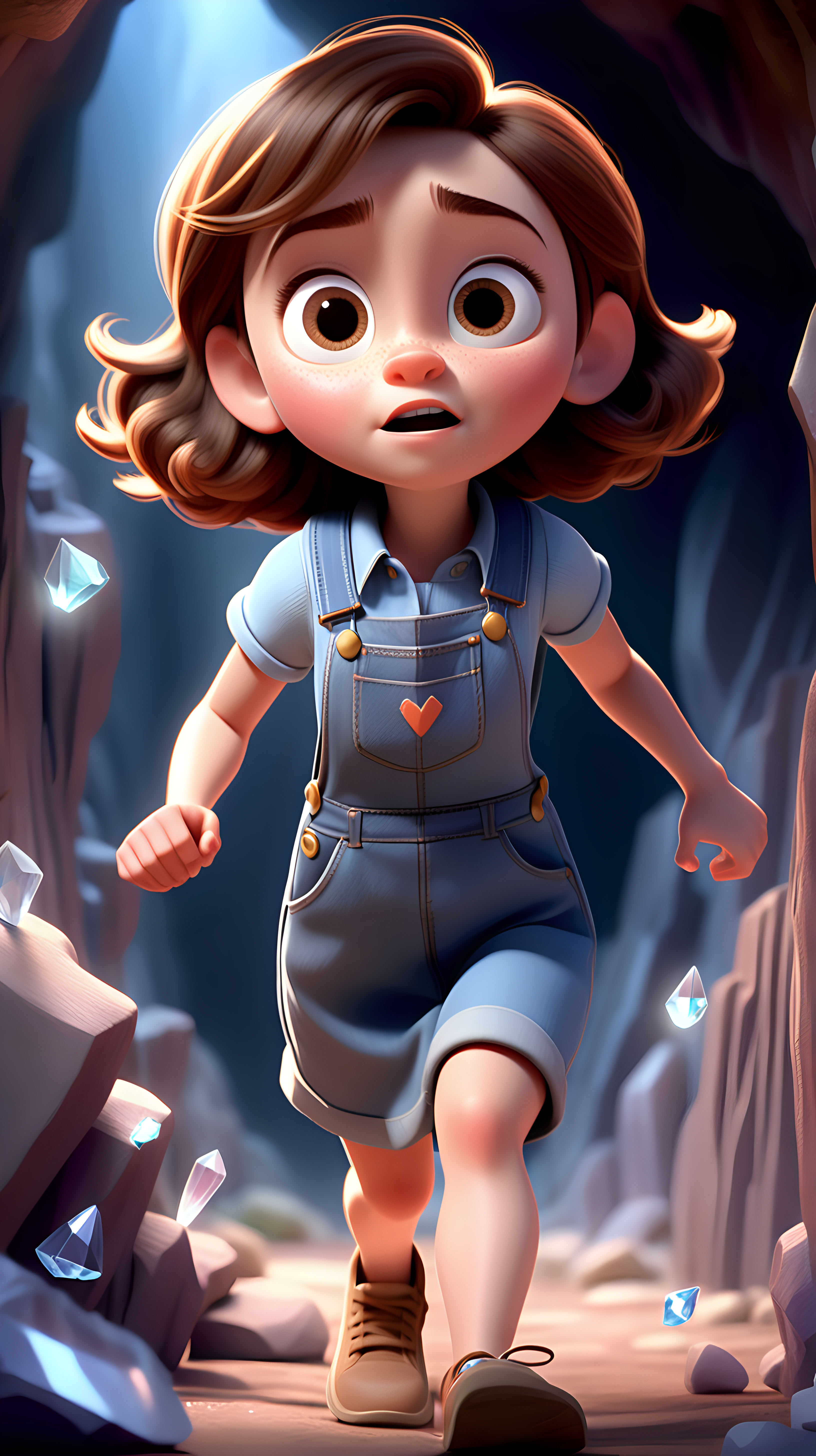 imagine 5 year old short girl with brown hair, fair skin, hazel eyes, wearing a denim dress overall, use Pixar style animation, make her running and make it full body size, standing inside a cave, surrounded by crystals