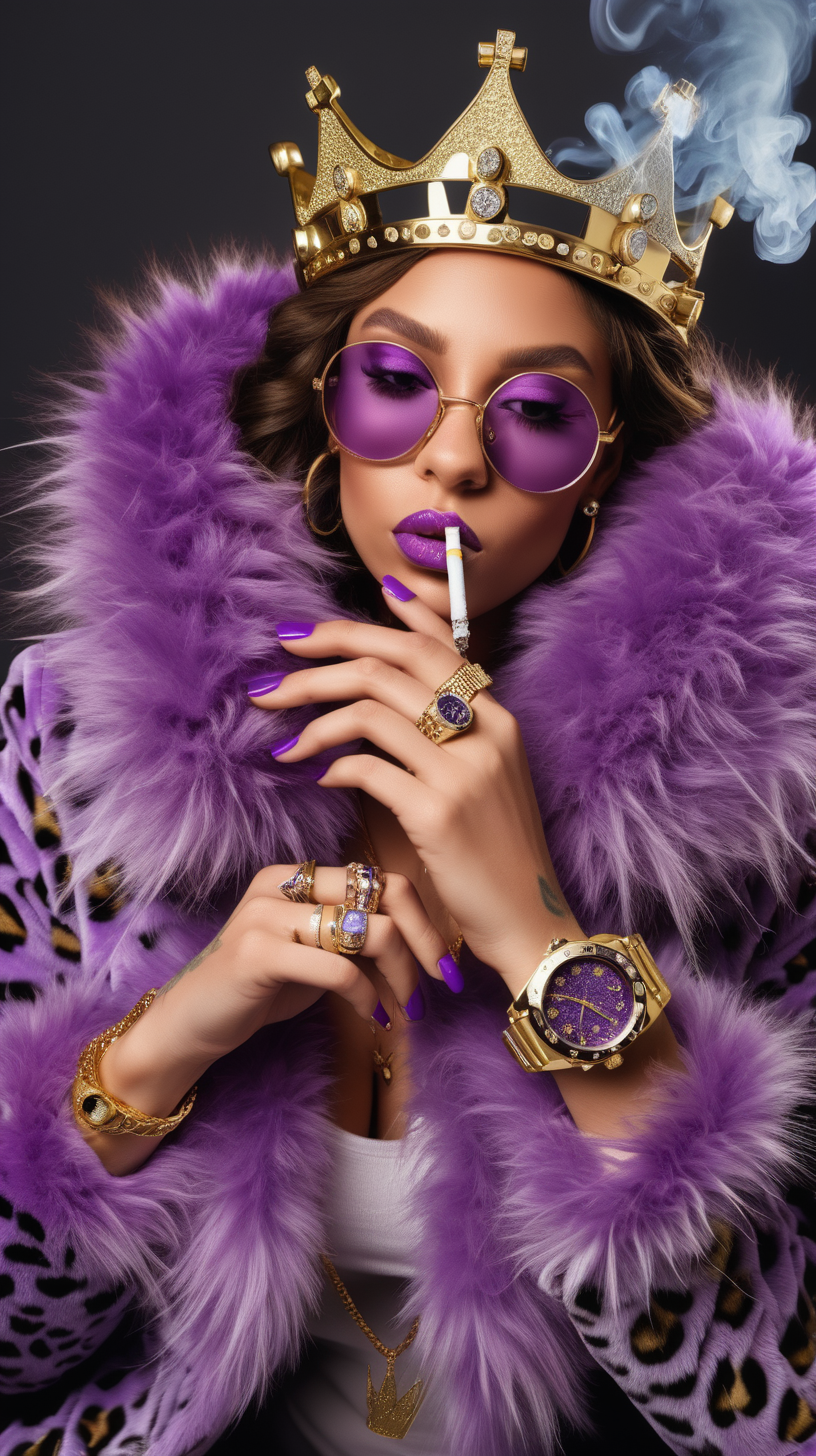 womans  hand with lots of big golden rings, bracelets and watch holding up a joint between his fingers, smoke billowing out, he is wearing a purple cheetah print faux fur jacket. wearing crown, holding marijuana cigarette