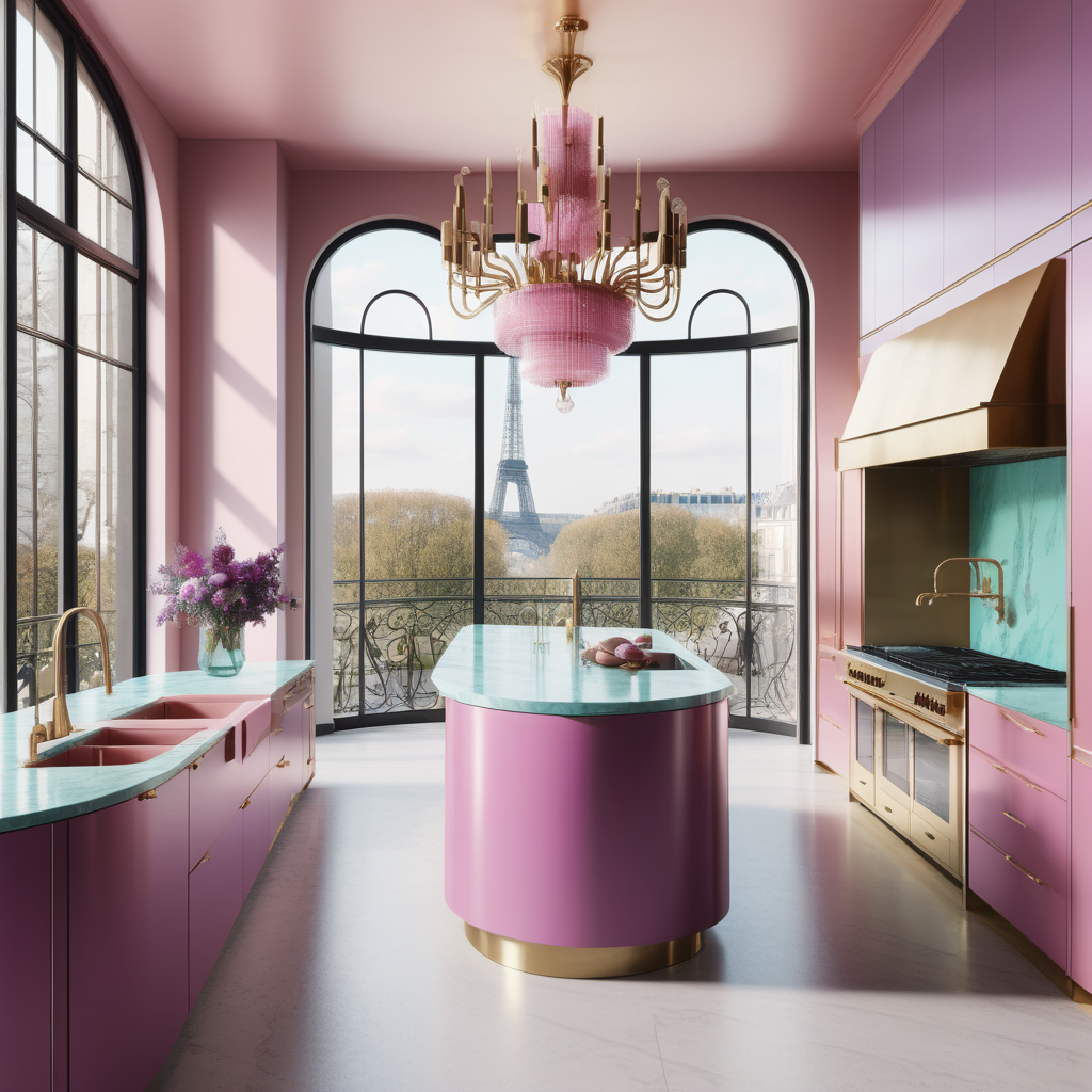 hyperrealistic image of large modern Parisian kitchen with island, floor to ceiling windows, curves, pink, aqua, peurple and brass colour palette, brass chandelier