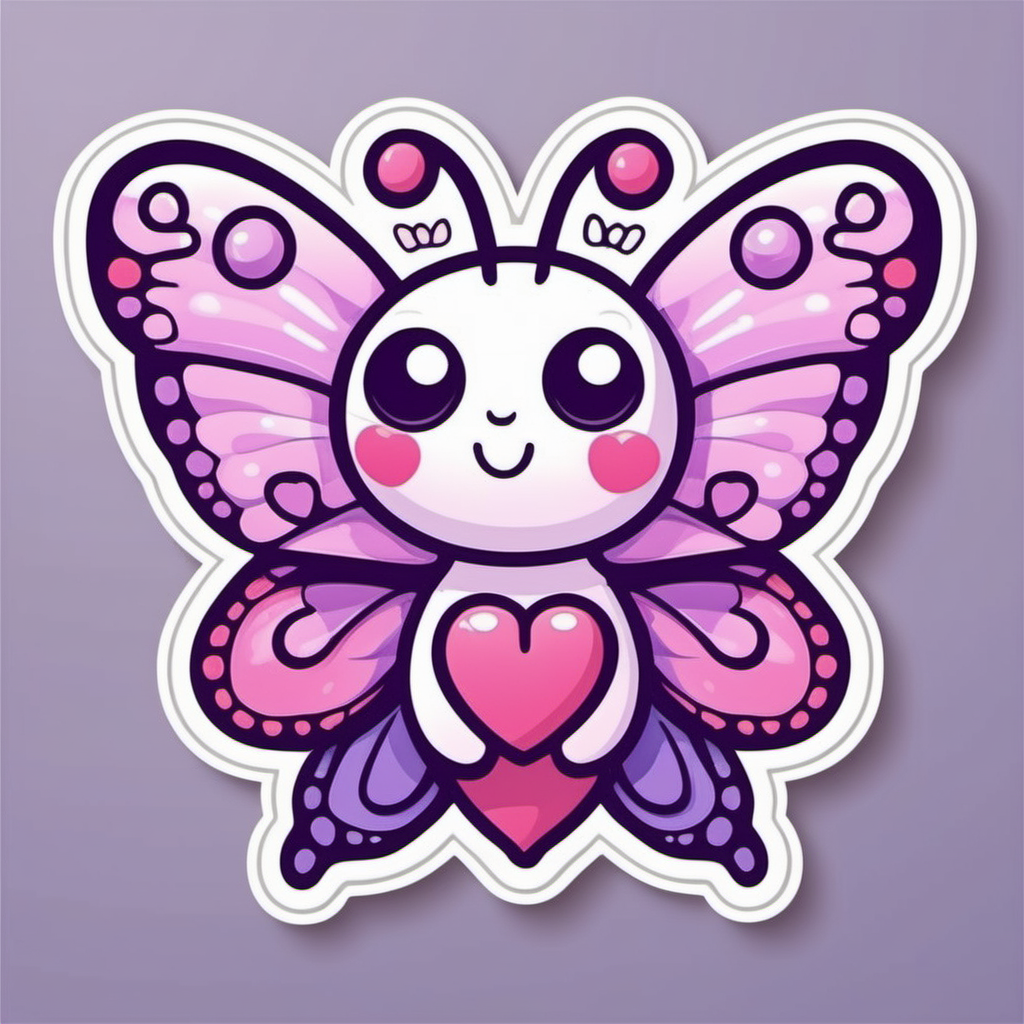  Sticker, Cute valentine purple and pink Butterfly with Heart-shaped Wings, kawaii, contour, vector, white 
background
