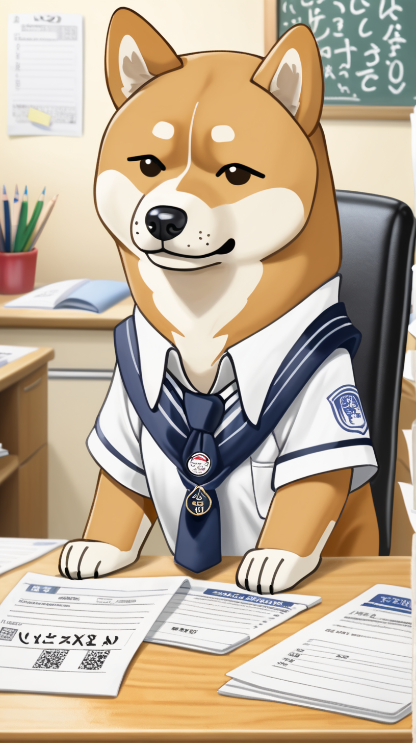a really stressed SHIBA INU wearing school uniform, staring at his exam paper