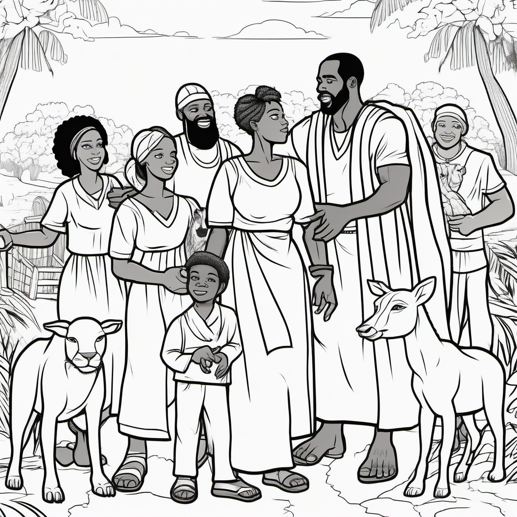 black and white, coloring page, African American Noah and his wife and their 3 sons and their wives gathering the animals for the ark
