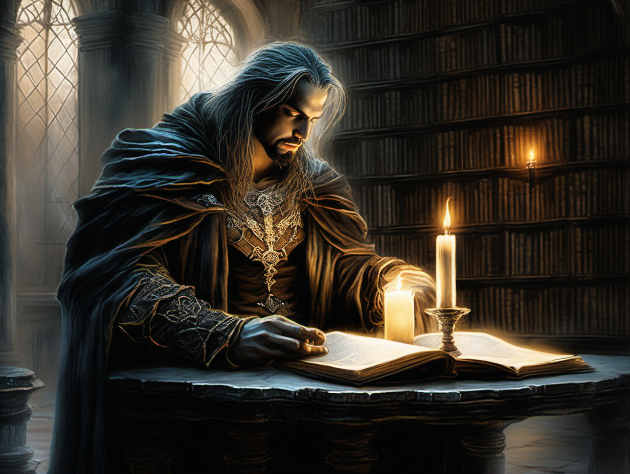 genera una ilustración estilo Luis Royo de un rey leyendo libros a la luz de una vela en una mesa de piedra, en el centro de una biblioteca llena de libros, luz etérea, ambiente íntimo y oscuro

