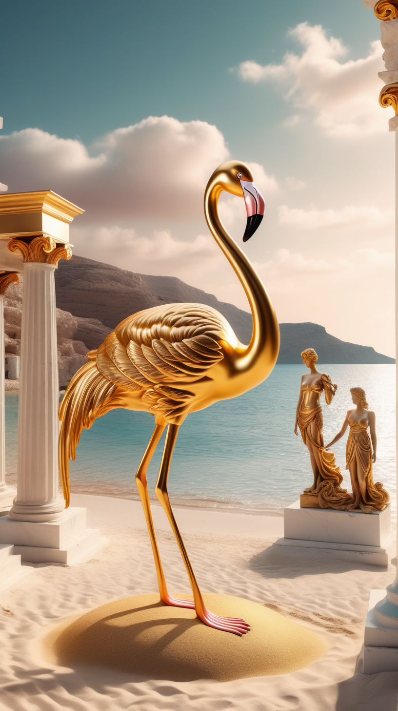 magical gold flamingo on a fantasy beach with greek statues on the sand 
