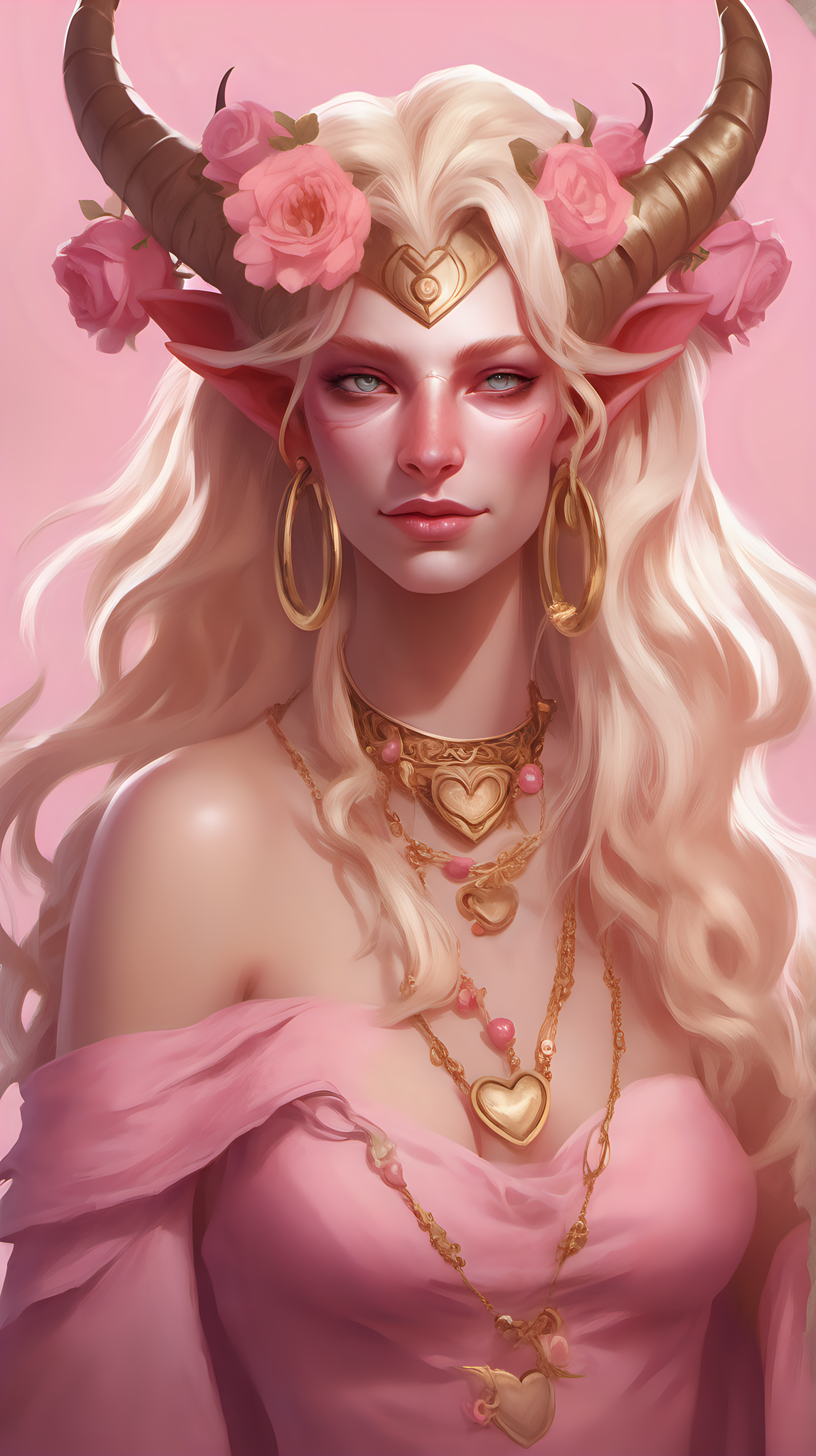 Pink skinned tiefling woman. She has white horns that meet at the top of her head to form a heart. She has light pink eyes. She has light blonde eyelashes. She has blonde long hair. She is wearing a pink Greek-style dress with lots of flowers. She is wearing gold jewelry