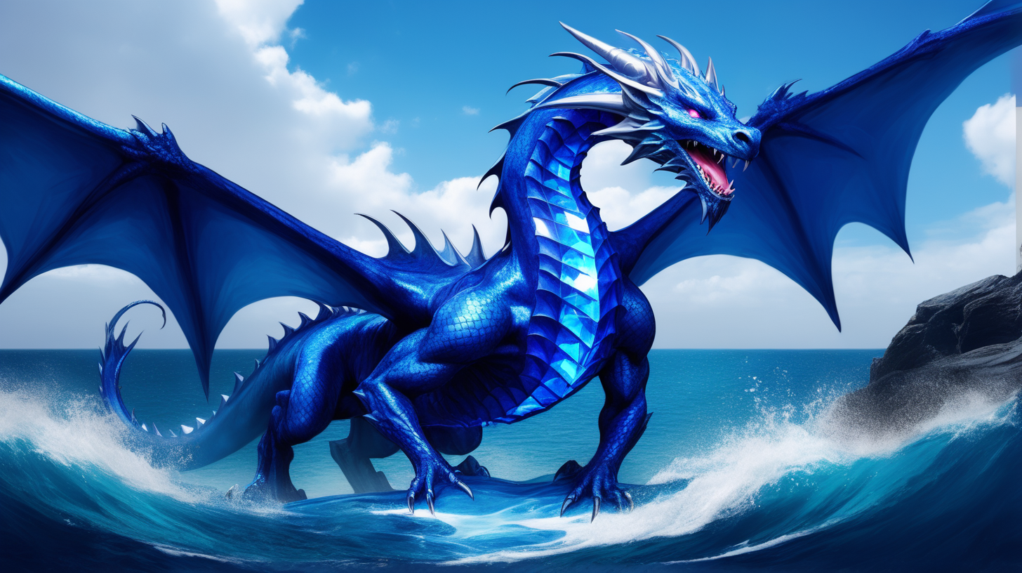 Draw  Stunning  fantasy Dragon sapphire pose in the oceans