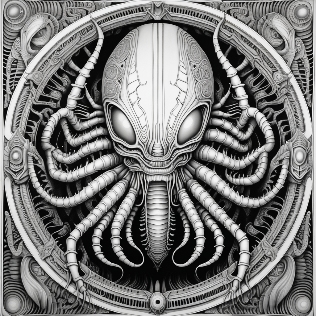 black & white, coloring page, high details, symmetrical mandala, strong lines, alien face hugger in style of H.R Giger