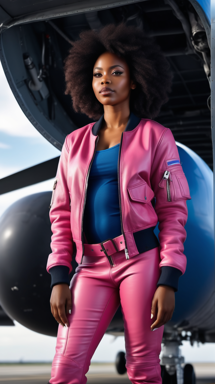 Beautiful Black woman, beautiful body, wearing a leather, full body, Blue, flight suit, wearing a pink leather bomber, standing on an air carrier 4k, high definition, high resolution