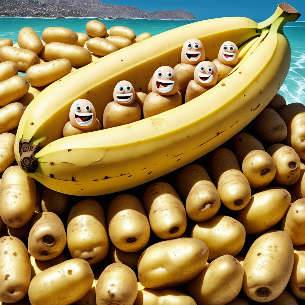Potatoes in a banana boat in an ocean