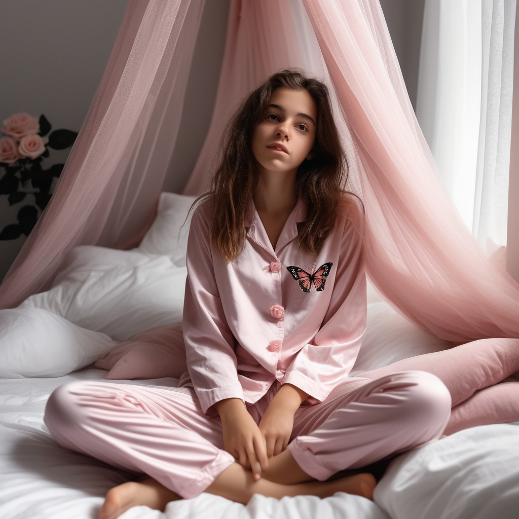 A teenage girl with long brown hair. sits on her big bed. She woke up after a nightmare. The bed has a canopy with a tulle. Her room is light pink. Her bed sheets are white. She looks scared. She is wearing pink pajamas. There's a butterfly broach in her hand. 