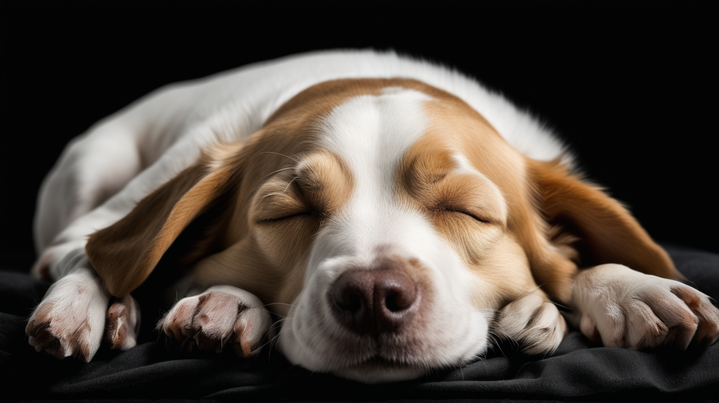 A dog sleeping on his side against a black background.