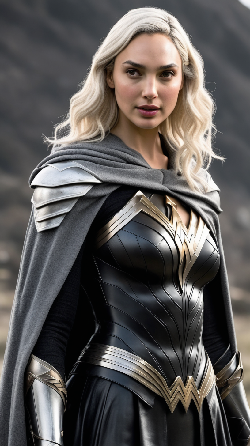Gal Gadot, with waist-length white-blonde hair, wearing a thick, black cloak and silver armor