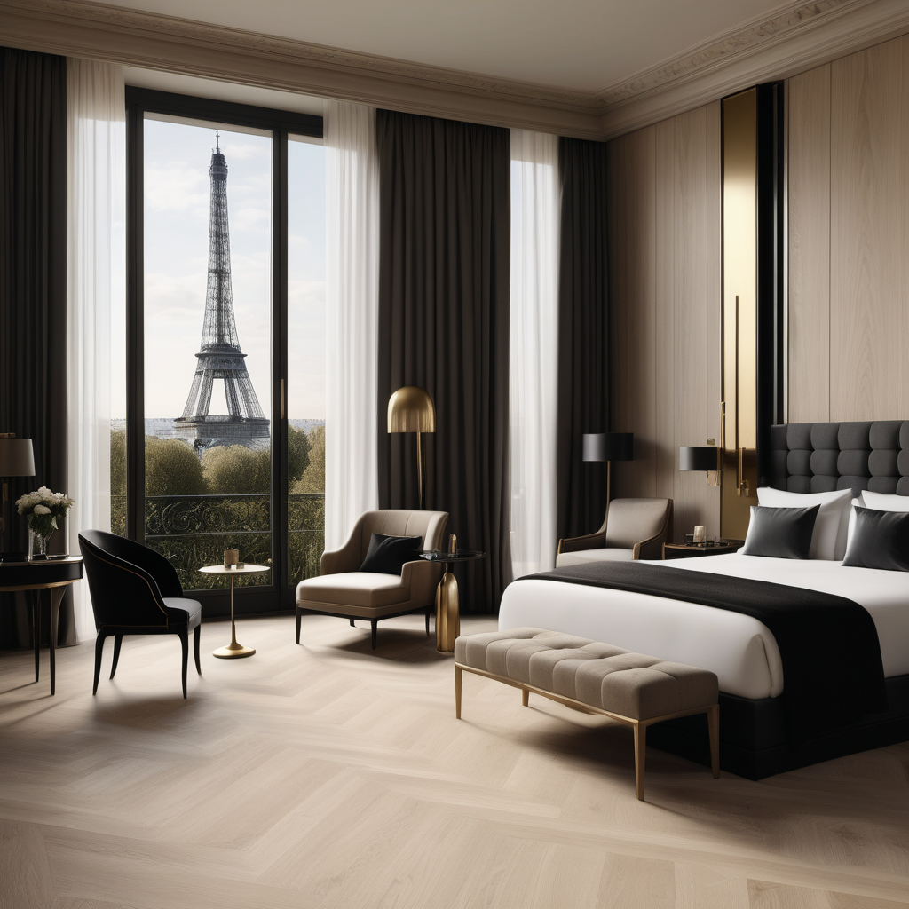 A hyperrealistic image a grand Modern Parisian hotel room  in a beige oak brass and black colour palette with floor to ceiling windows and a view of the gardens