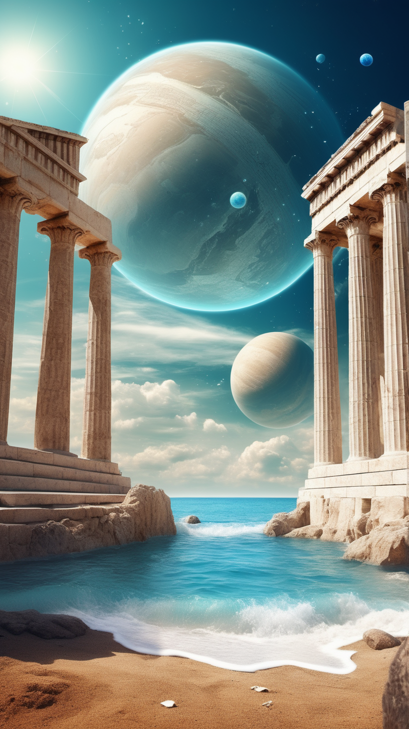 fantasy beach, greek temples, surreal, planet on the sky
