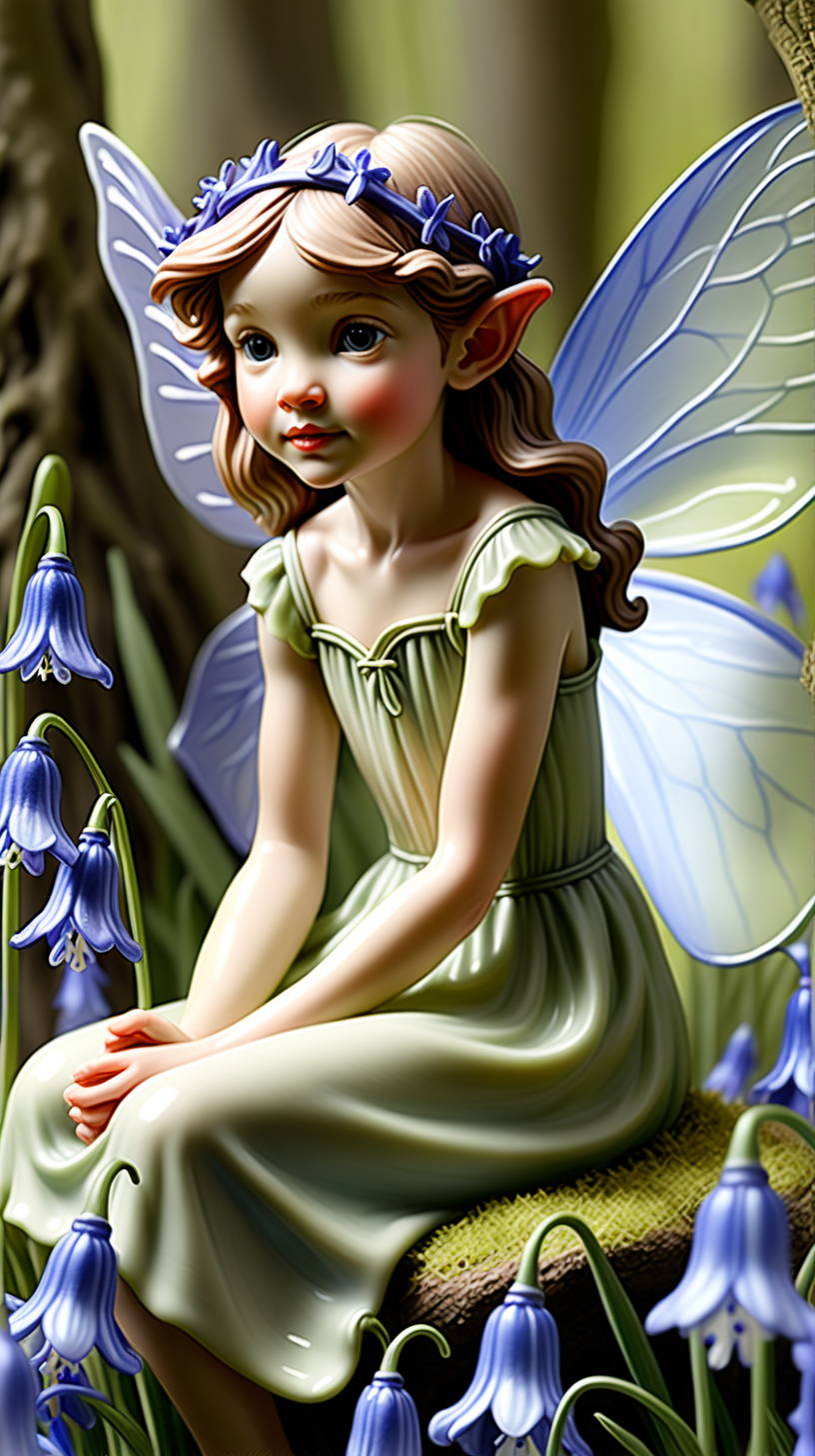 Create a fairy nestled among bluebells, embodying the enchanting and lifelike qualities found in Cicely Mary Barker's iconic flower fairy illustrations.