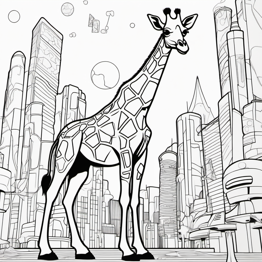 /imagine colouring page for kids, Giraffe in a futuristic city, thick lines, low details, no shading --ar 9:11