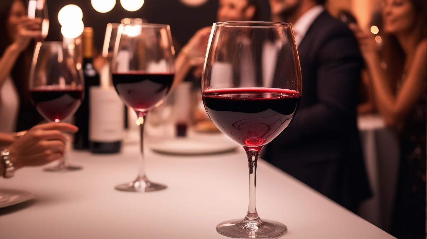 red wine in a single glass 
at a party


