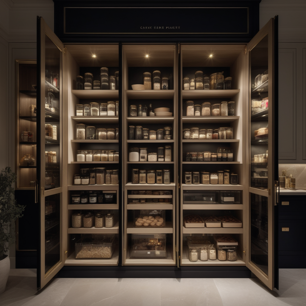 hyperrealistic of an elegant modern Parisian pantry at night; mood lighting;  Limestone flooring; glass canisters of food; beige, oak, brass and black colour palette; --no neighbour houses
