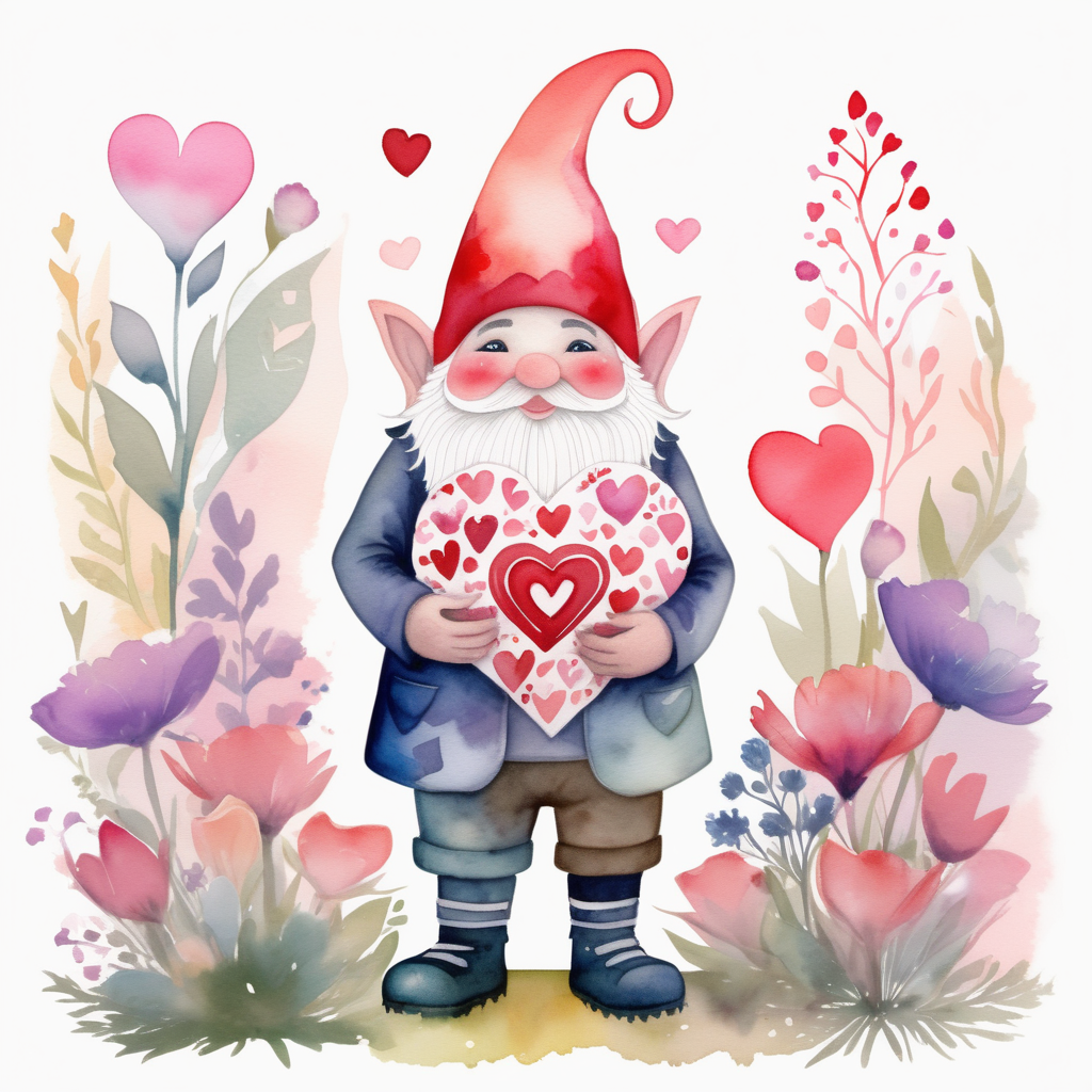 A watercolor illustration of a valentine-themed gnome. Surrounded by abstract floral patterns, the gnome stands in a garden, holding a heart-shaped bouquet. The color palette is eclectic, combining vibrant and muted tones for a modern aesthetic. The gnome's expression is serene, embodying a sense of peaceful love. The lighting is soft and diffused, casting a gentle glow on the scene, creating an atmosphere of tranquil romance. --v 5 --stylize 1000
