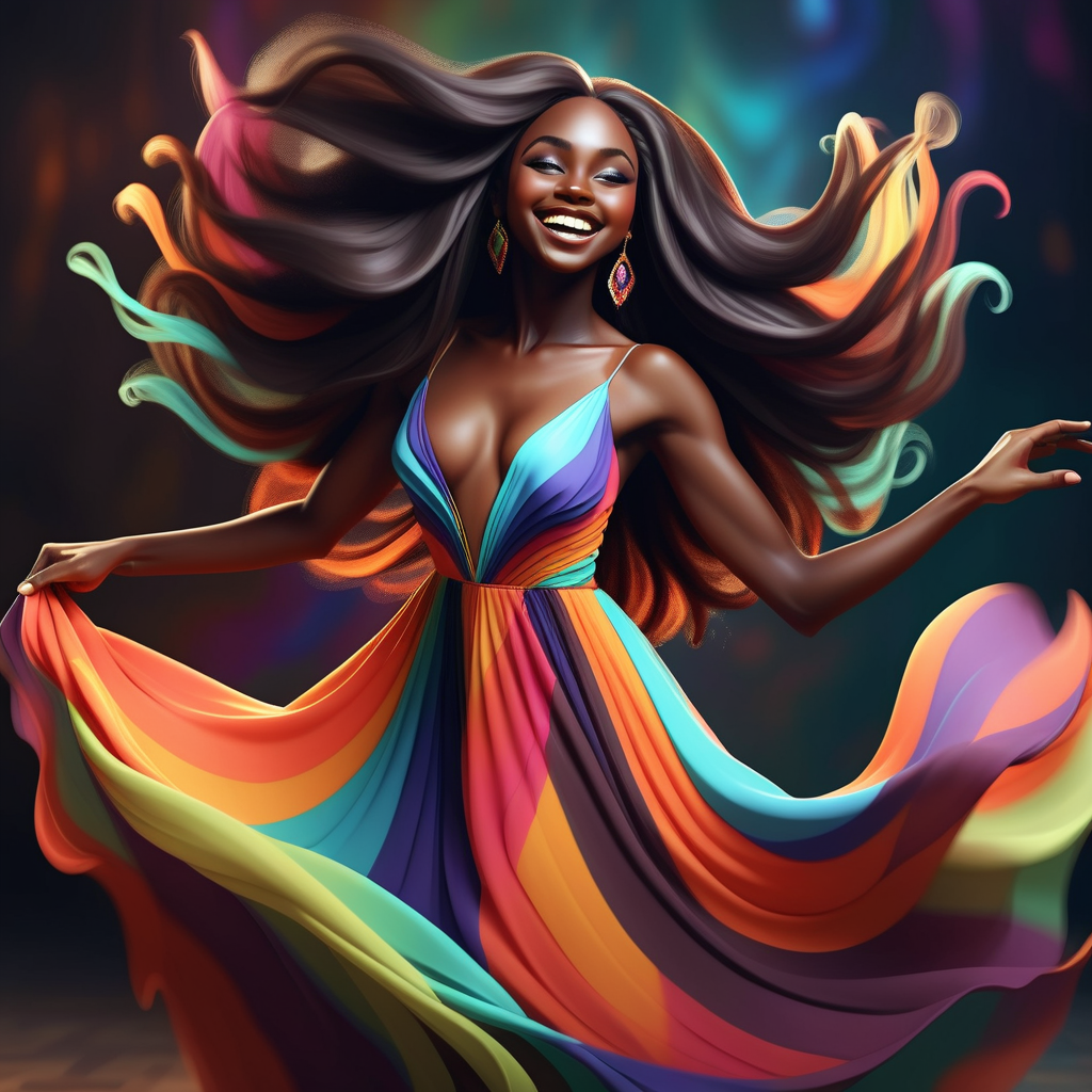 Beautiful dark skin black woman with long hair and colorful flowing dress smiling at camera while dancing  in fantasy art style