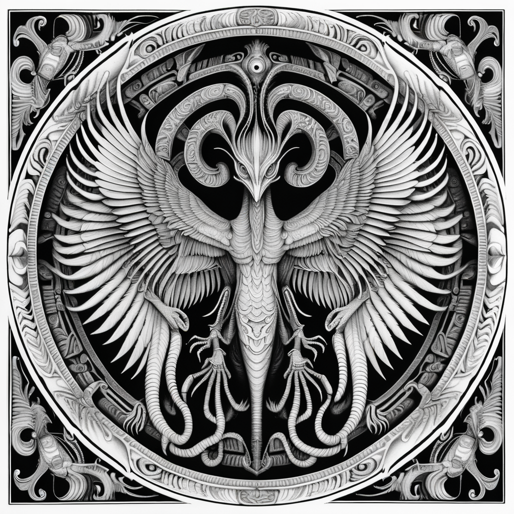 black & white, coloring page, high details, symmetrical mandala, strong lines, archaeopteryx with many eyes in style of H.R Giger