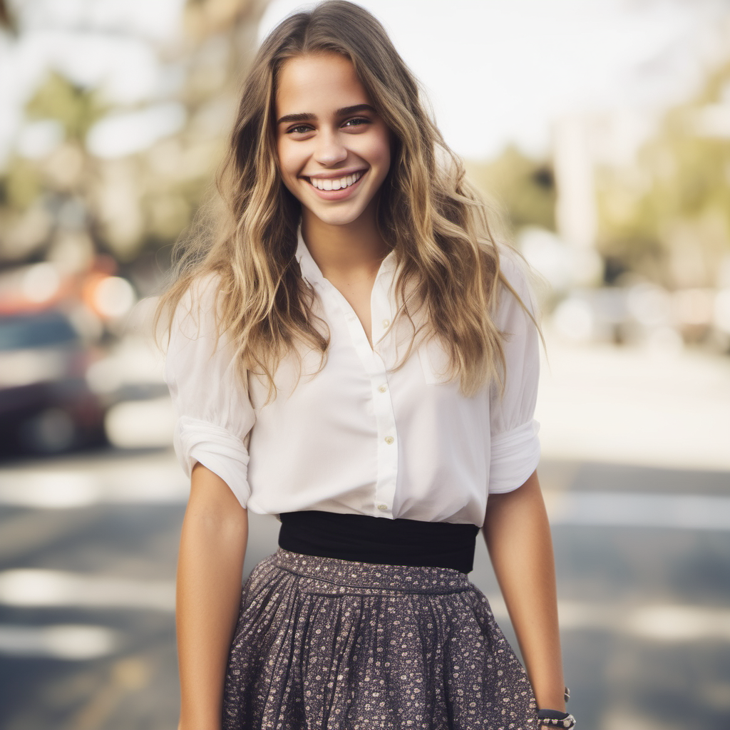 Emily Feld smiling dressed in a skirt and