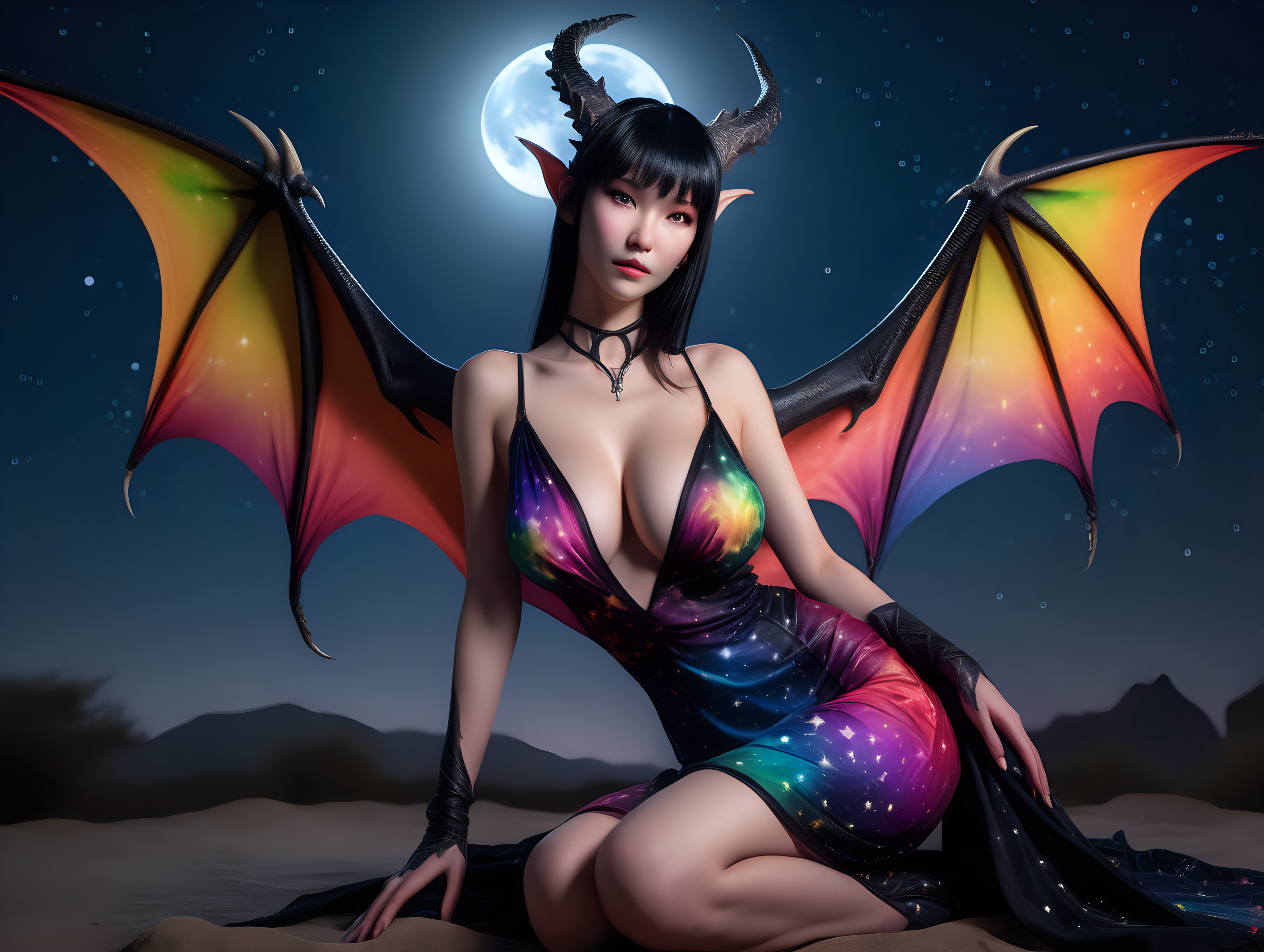 ultra-realistic high resolution and highly detailed close up adult film photoshoot of a slender female human dragon, with sleek pointy black horns gently swept straight backwards over head, draconic markings on arms and body, with massive breasts, colourful open front loose transparent dress, sitting under a starry sky with the moon in the background, looking at the camera