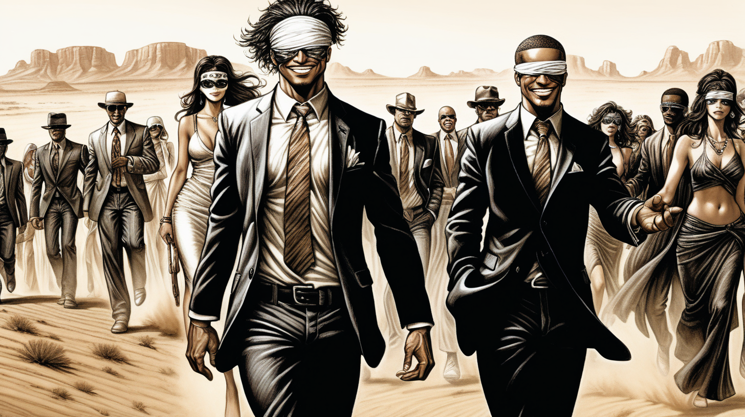 a blindfolded  man with a smile leading a group of gorgeous and ethereal white and black mixed men & women with earthy skin, walking in a desert with his colleagues, in full American suit, followed by a group of people in the art style of Lee Bermejo comic book drawing, illustration, rule of thirds