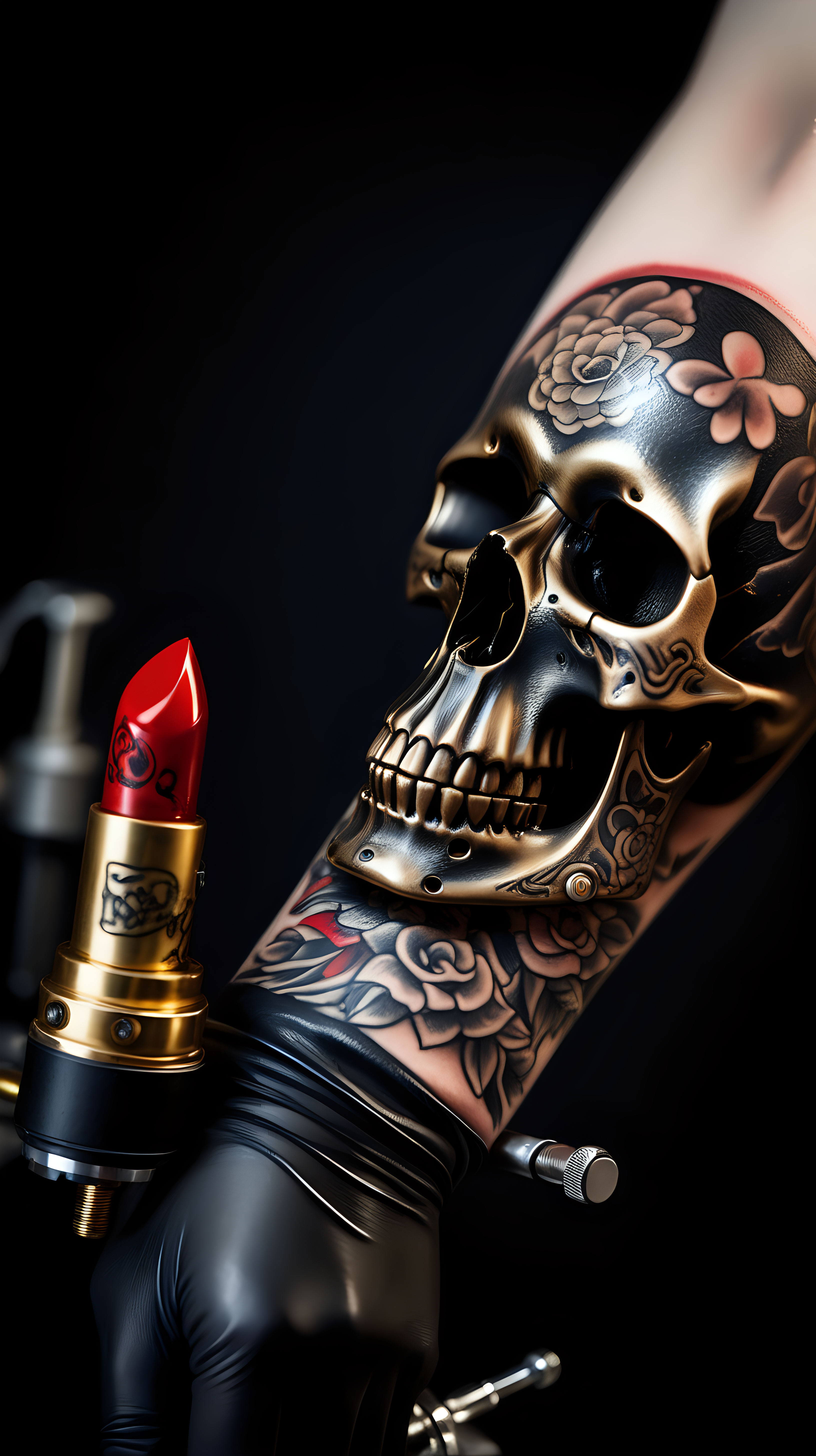 /imagine prompt : An ultra-realistic photograph captured with a canon 5d mark III camera, equipped with an macro lens at F 5.8 aperture setting, The camera is directly in front of the subject, capturing a vintage classic tattoo machine ,a pattern of the skull is engraved on it's golden tattoo grip , grabbed by a hand wearing black nitrile gloves . A lip painted with red lipstick kisses the grip of the tattoo machine.
the hand is blurred and the focus sets on tattoo machine .
Soft spot light gracefully illuminates the subject and golden grip is shining. The background is absolutely black , highlighting the subject.
The image, shot in high resolution and a 16:9 aspect ratio, captures the subject’s  with stunning realism –ar 9:16 –v 5.2 –style raw
