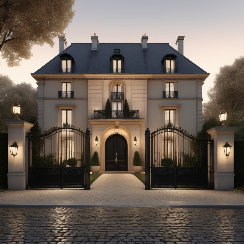 a hyperrealistic of an elegant Modern Parisian estate