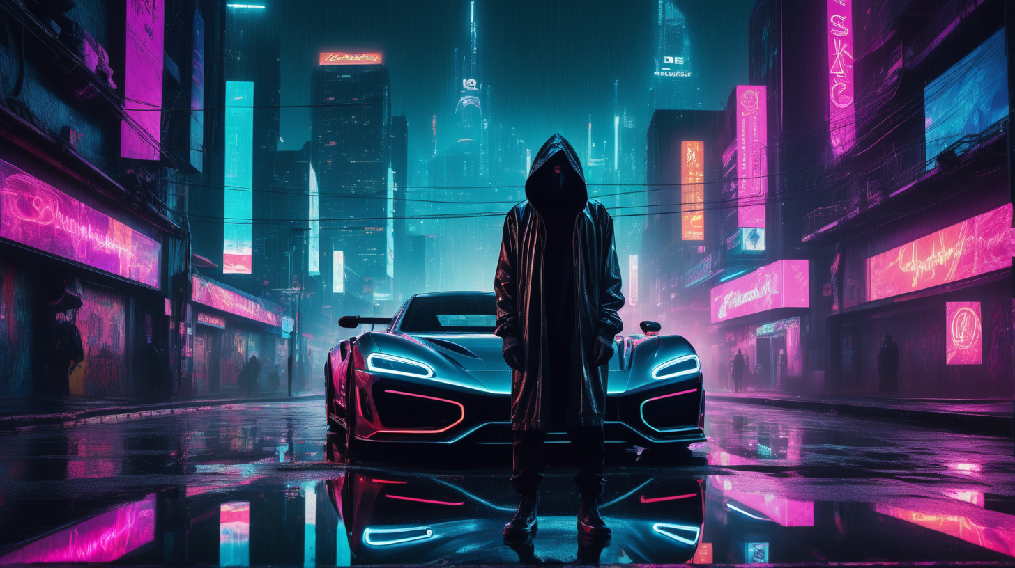 "A hyper-realistic photograph captures a moody, cyberpunk cityscape under a veil of night. The focal point is a hooded solitary figure standing next to a gleaming sports car, its surfaces reflecting the neon cacophony of 'SHIB' and 'Shibarium' signs. The figure, enigmatic and faceless, is draped in a contemporary hooded garment, a stark silhouette against the backdrop of vibrant city life. Wet streets glisten, mirroring the myriad neon lights and holographic displays that climb the sides of futuristic buildings. The photograph tells a story of solitude amidst the urban sprawl, the palpable tension between the anonymity of the hooded figure and the conspicuous opulence of the surrounding technopolis."