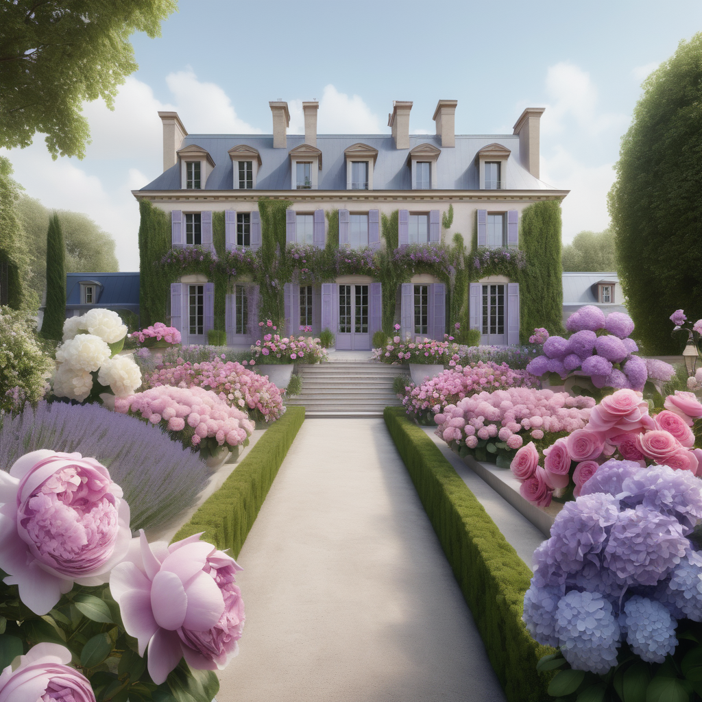 a hyperrealistic of a grand modern Parisian estate home flower farm with roses, peonies, lavender, hydrangeas, orchids