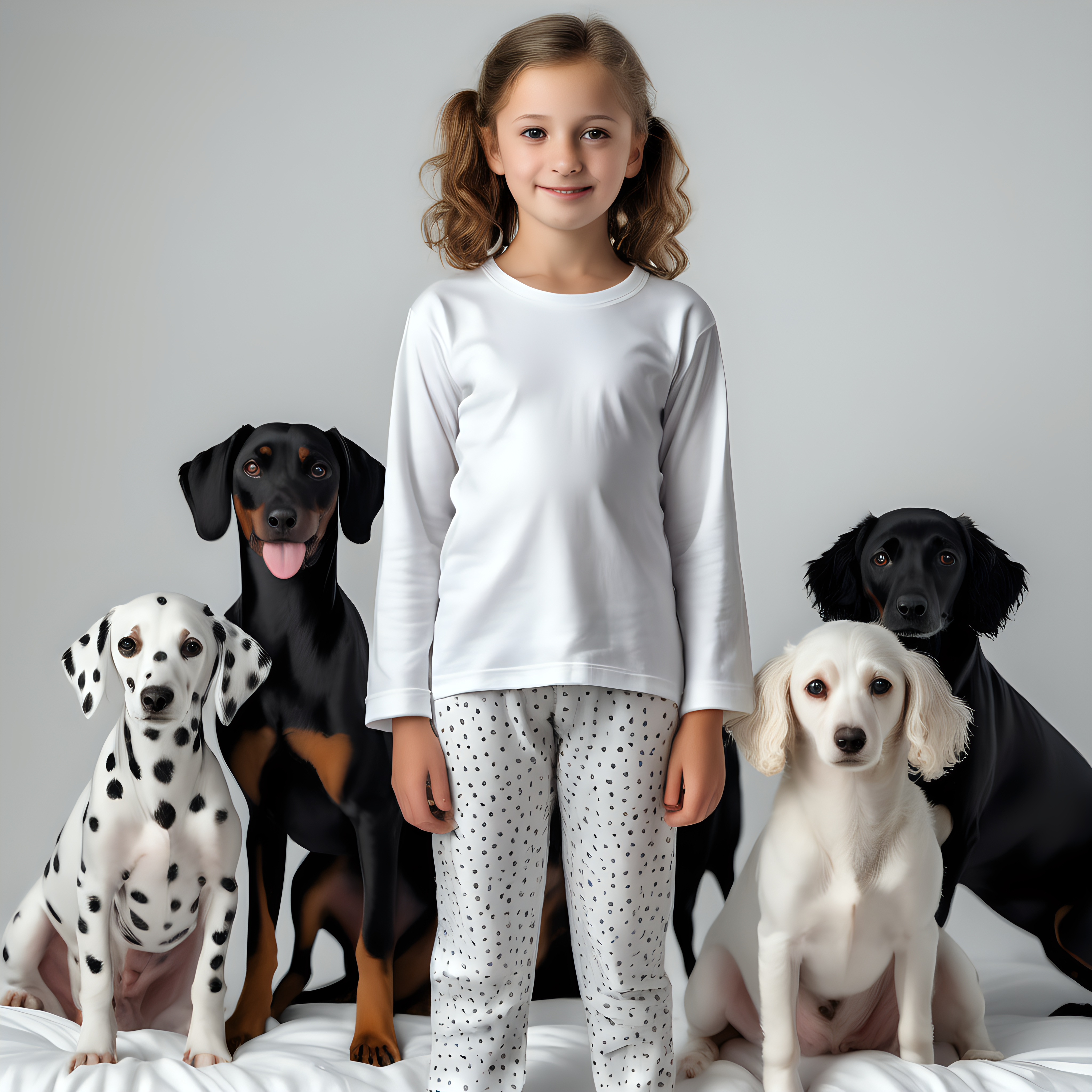 “Perfect Facial Features photo of a 10 year old girl standing in  white cotton tshirt pyjama (no print, long  tight cuff sleeves, loose long pants), surrounded by dogs ( dalmetion, poodle, weinerdog, , no background, hyper realistic, ideal face template, HD, happy, Fujifilm X-T3, 1/1250sec at f/2.8, ISO 160, 84mm”