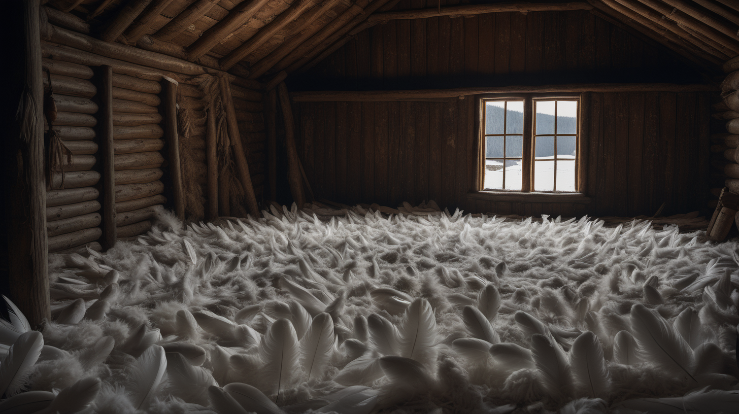 Cinematic view of a cabin filled with piles of thick white feathers on the floor. The hut has no windows.