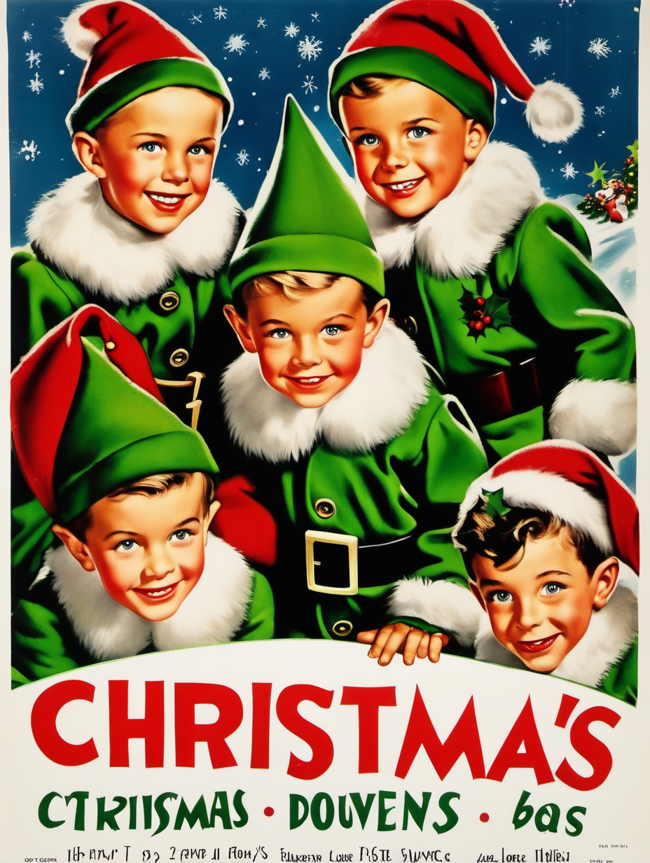A 1950's movie poster with a boy dressed as Christmas elves on plain white background