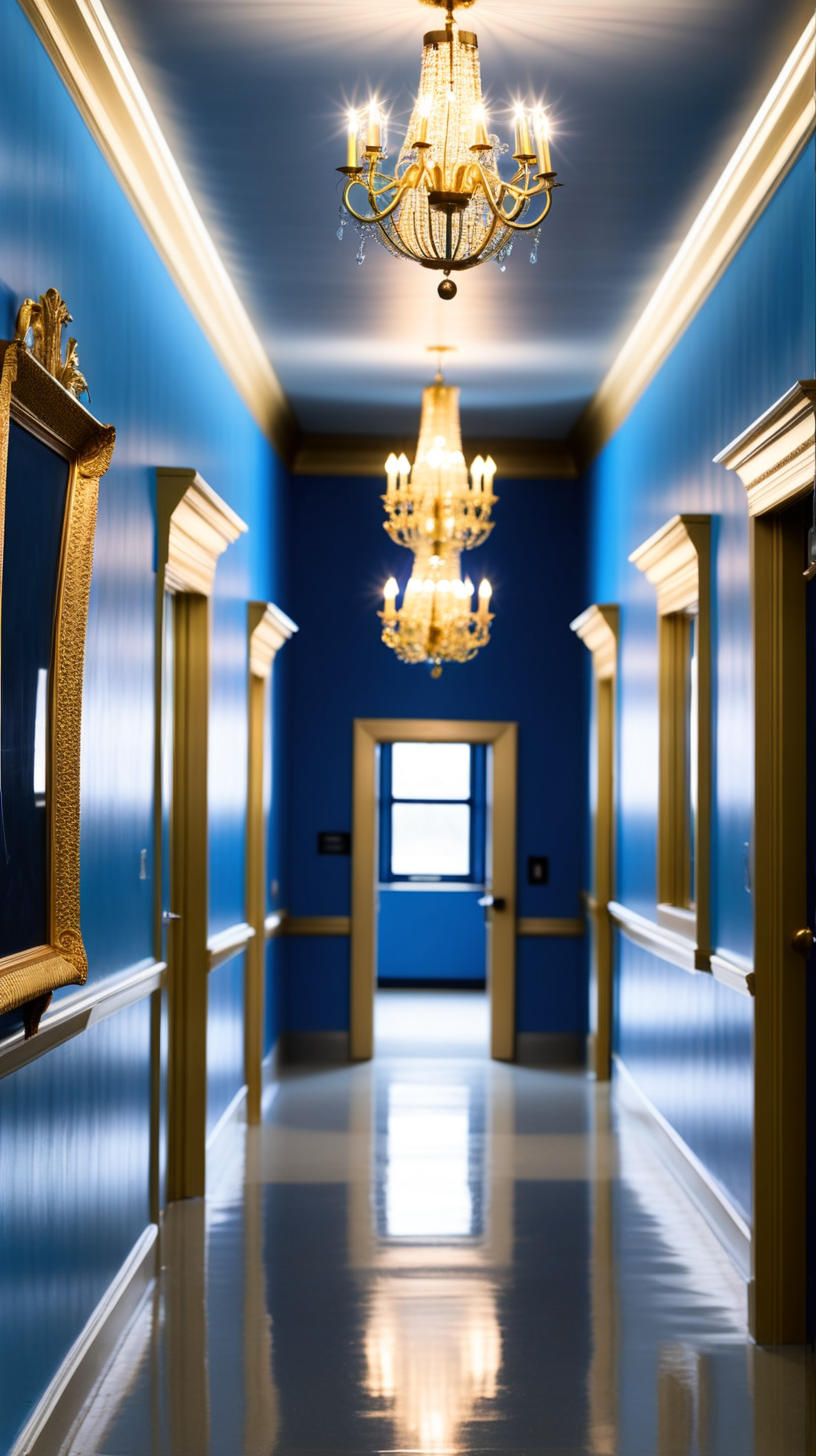 inside a school hallway that has blue walls