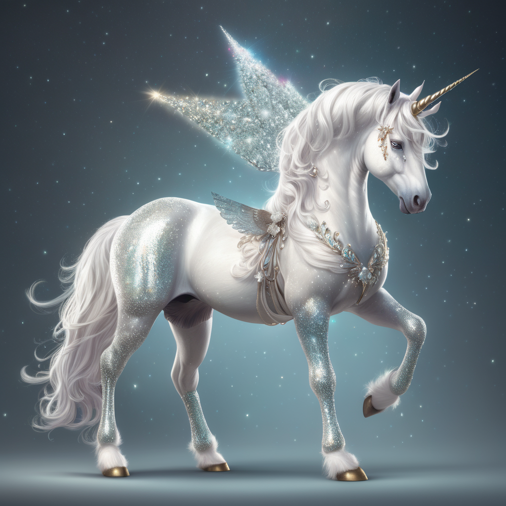 a full body image of a magical white unicorn with a shimmering coat similar to Diana Cooper