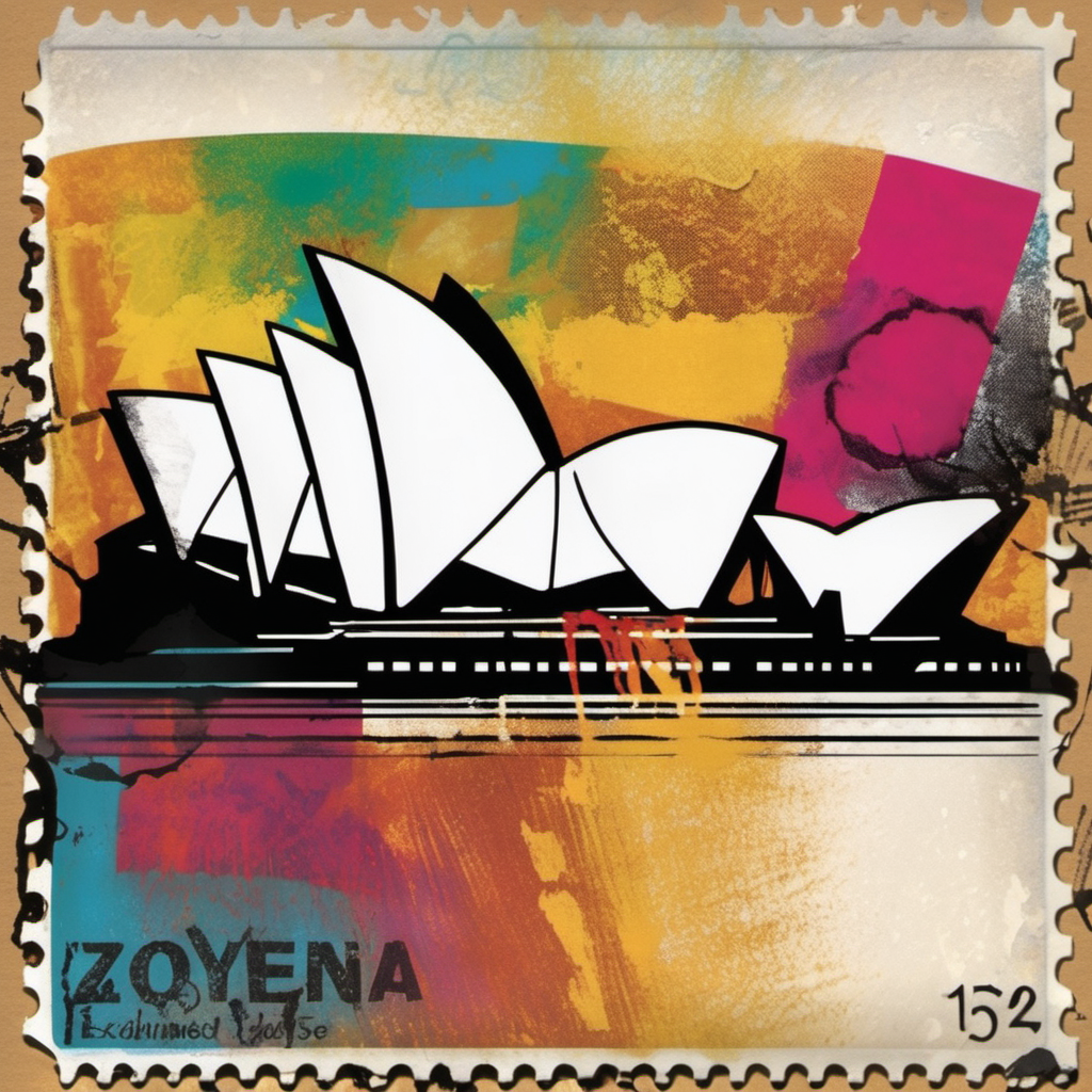 stamp with Opera House Sydney abstract colourful distressed