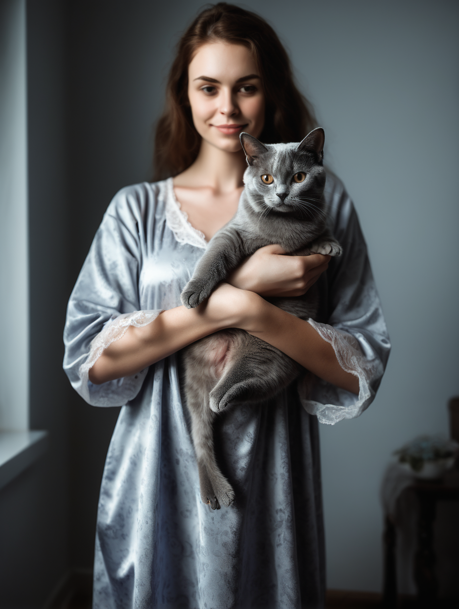 woman in nightgown hold a gray cat