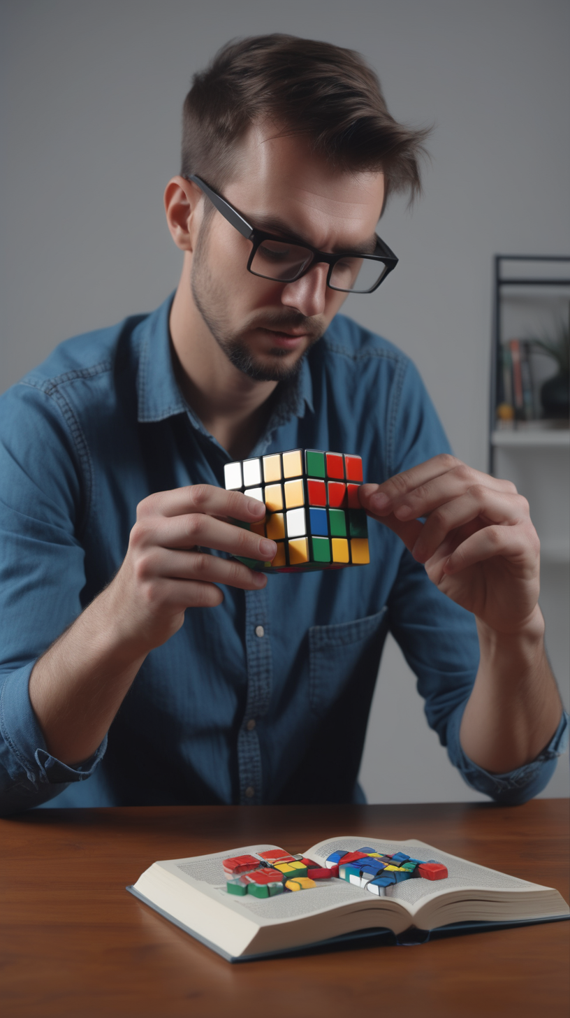 man reading a book while solving a Rubiks